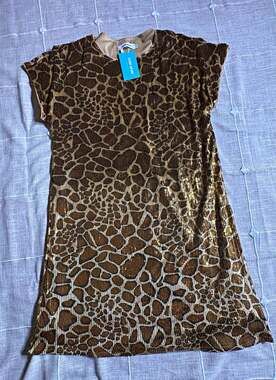 Brown Gold Sequin Animal Print Shift Dress L Short Sleeve Round Neck Mini